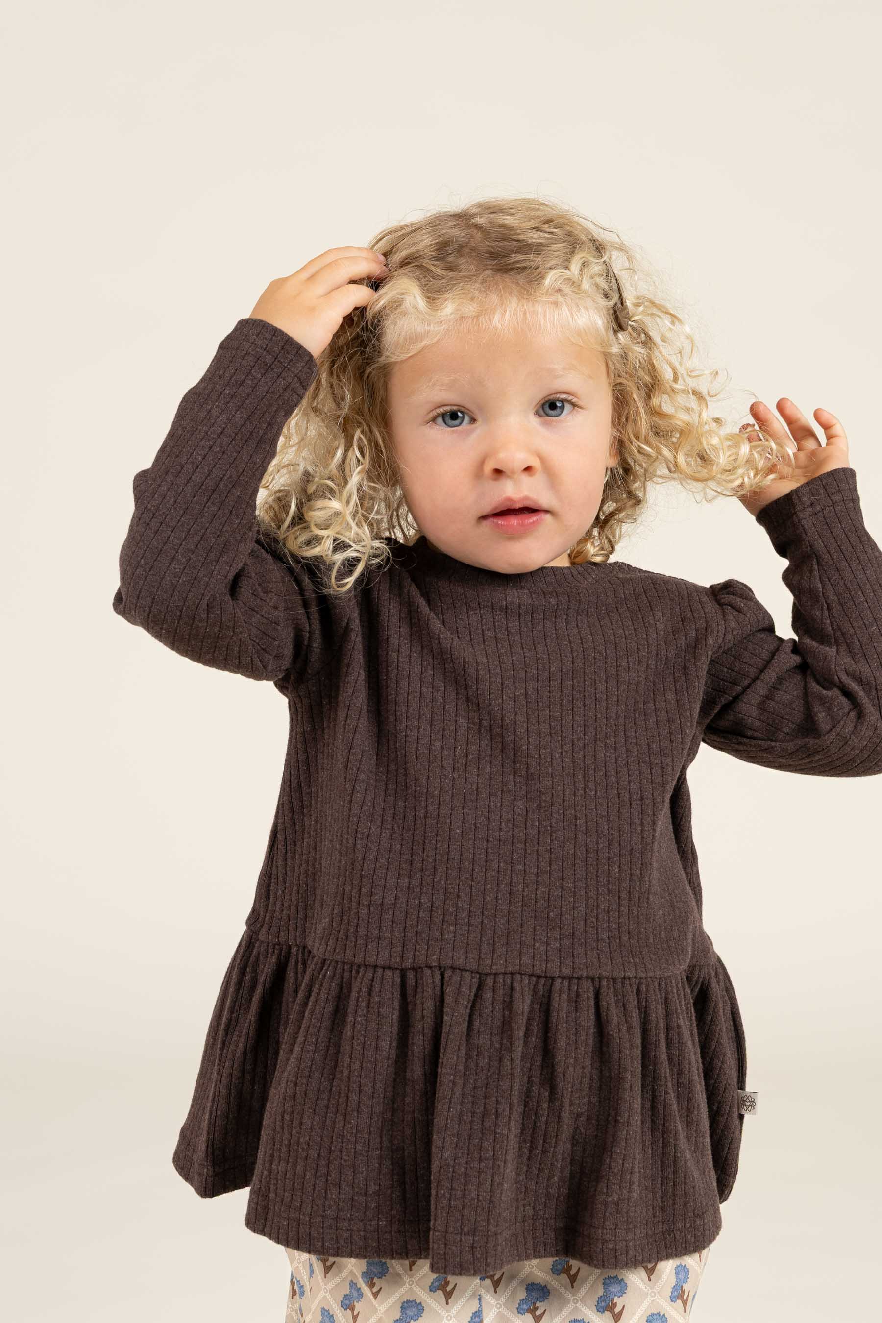 Blød Ribbluse med Peplum - Kids - Chocolate Melange | 100699 Alana