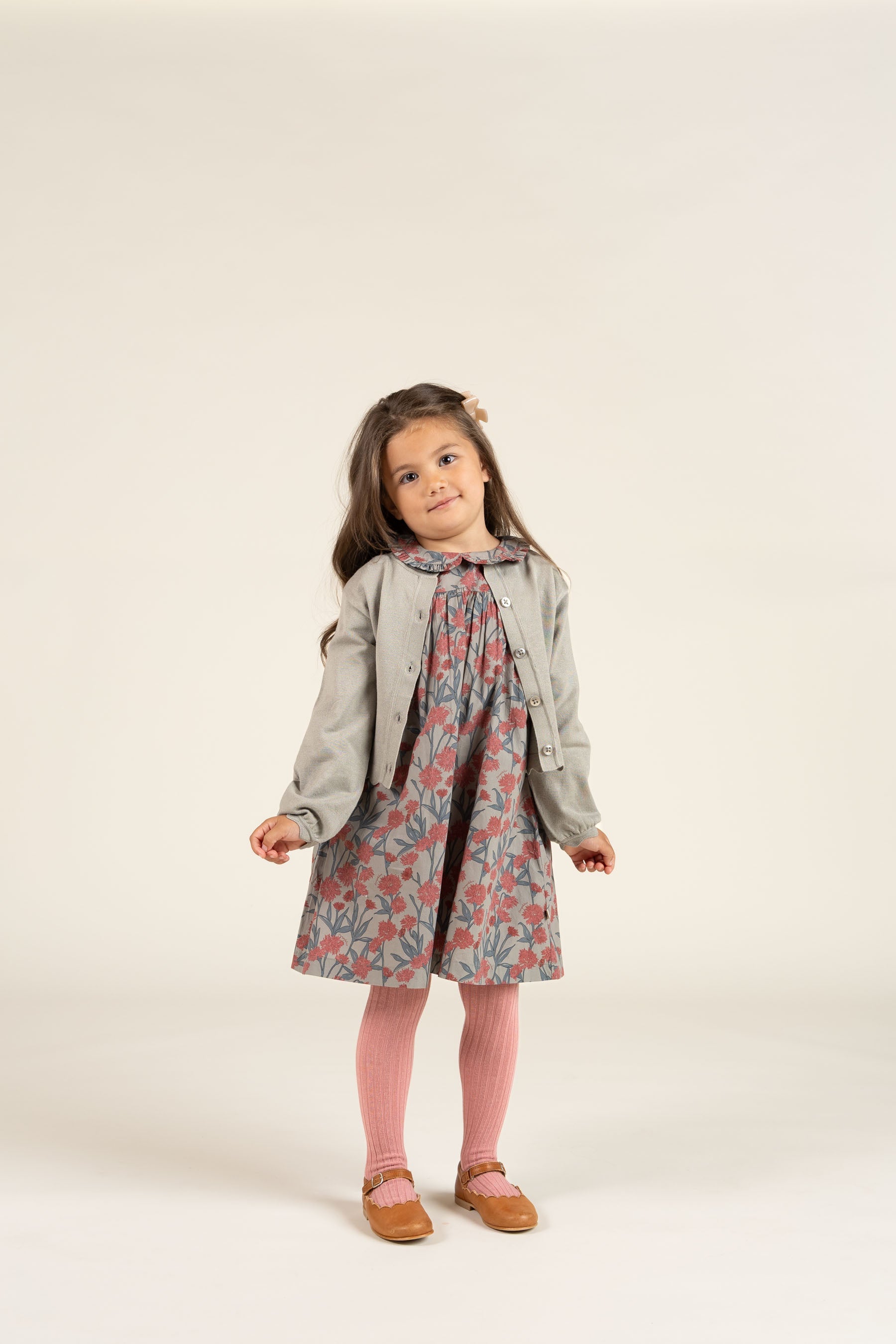 Kjole i bomulds-poplin med Print og elastik i taljen - Kids - Rose / Green | 100722 Amy