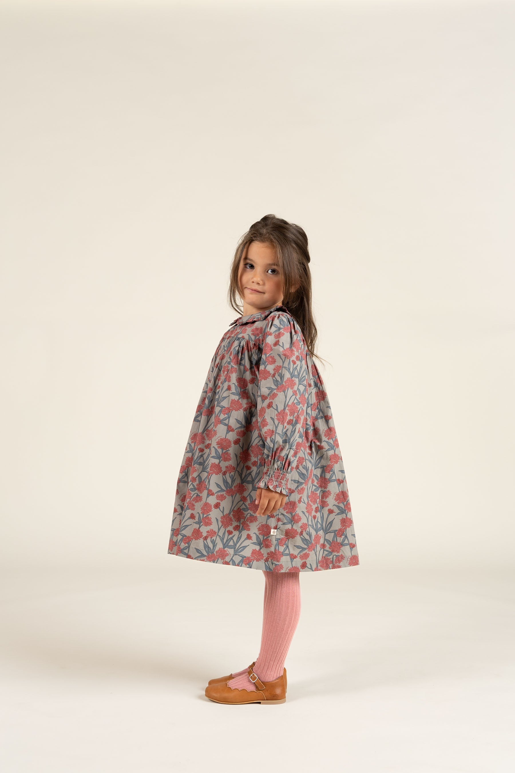 Kjole i bomulds-poplin med Print og elastik i taljen - Kids - Rose / Green | 100722 Amy