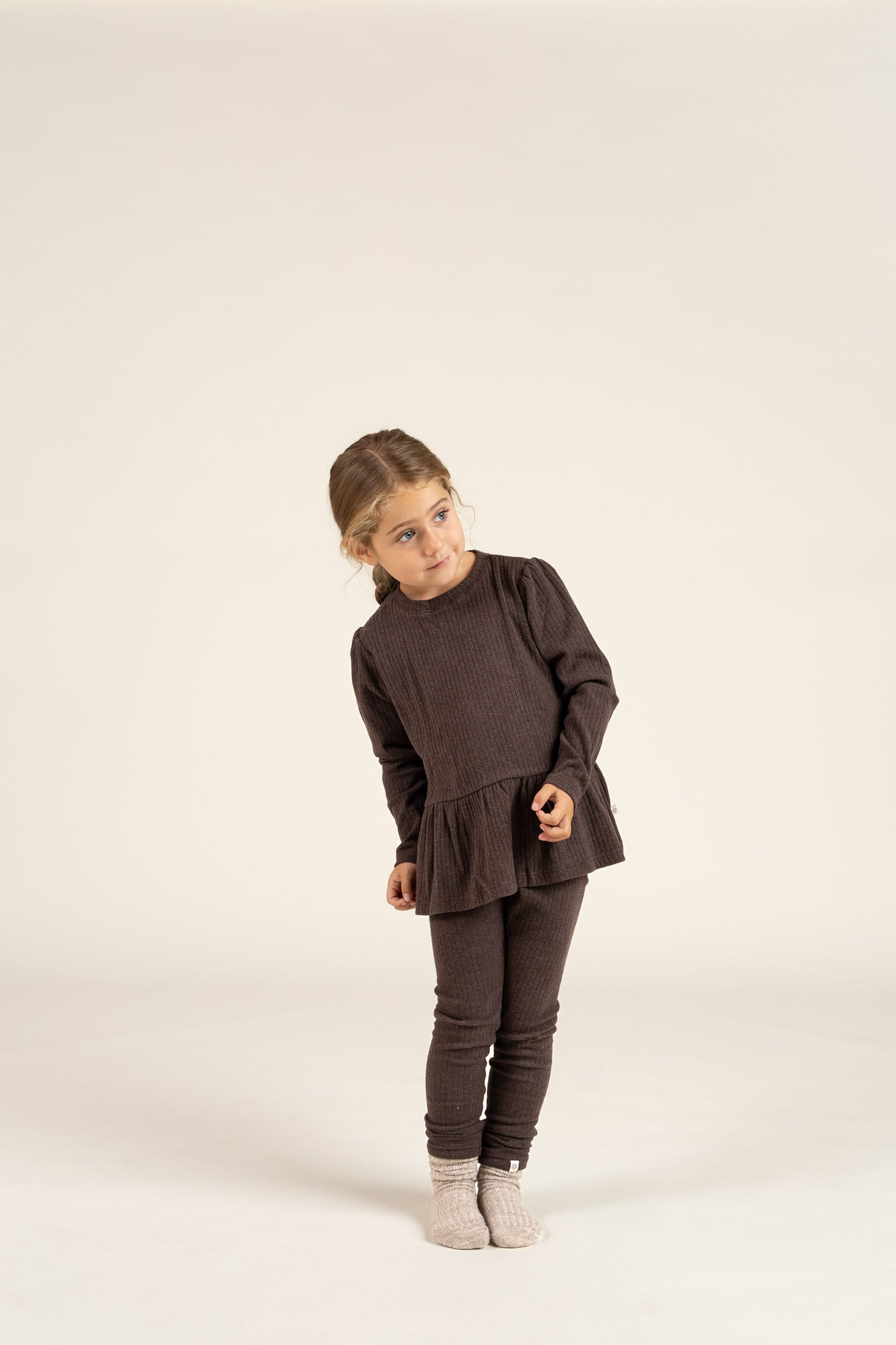 Blød Ribbluse med Peplum - Kids - Chocolate Melange | 100699 Alana