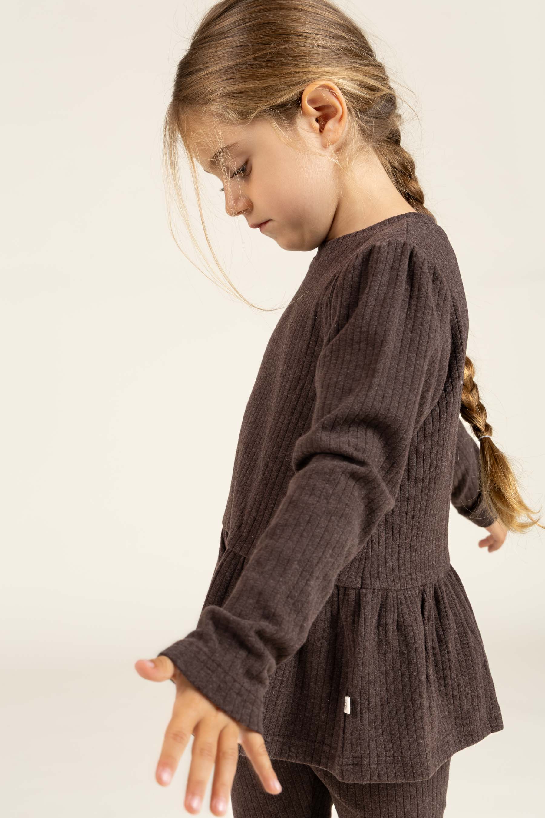 Blød Ribbluse med Peplum - Kids - Chocolate Melange | 100699 Alana