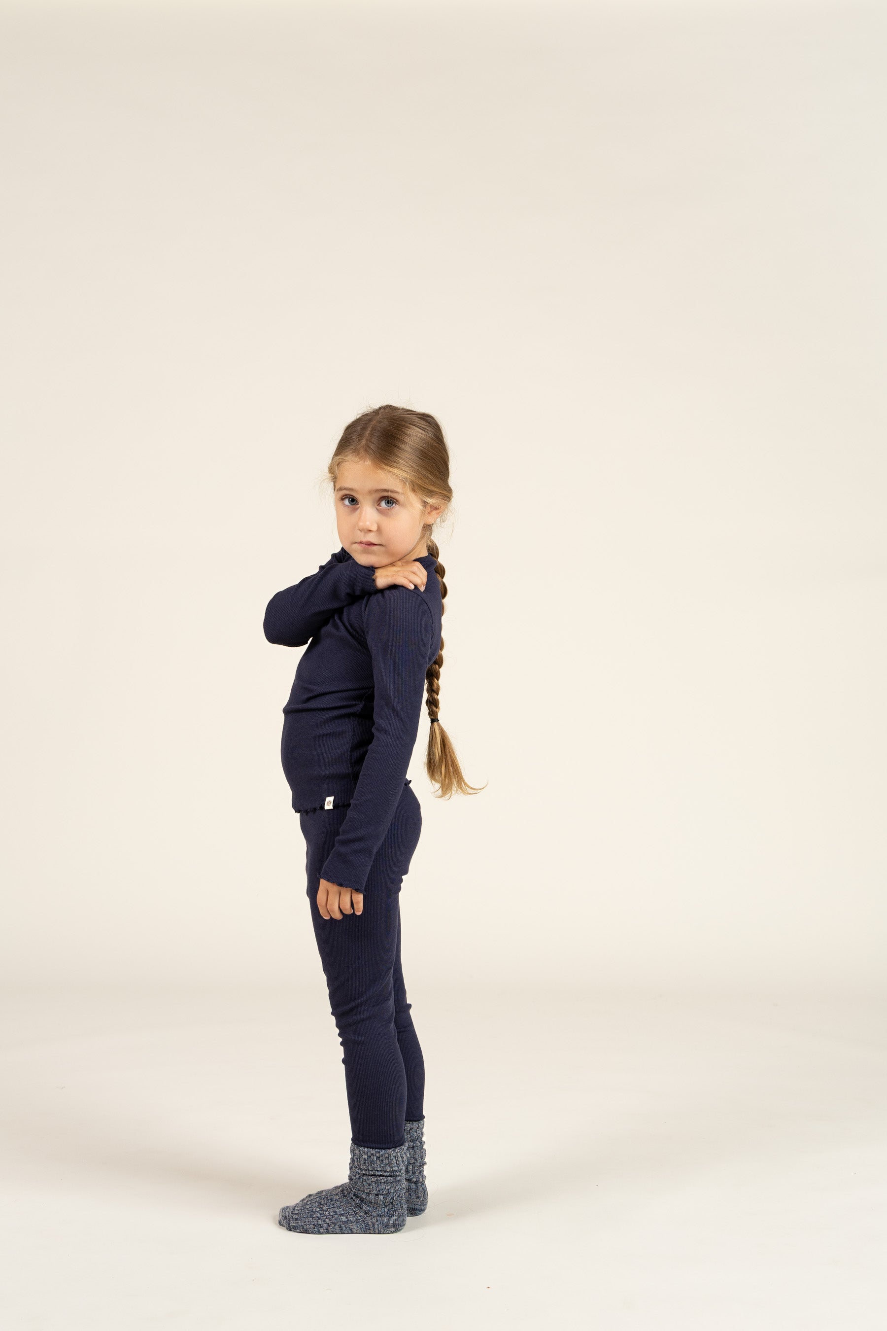 Langærmet Rib T-shirt i Modal med picot-kant - Kids - Navy | 100580 Mia