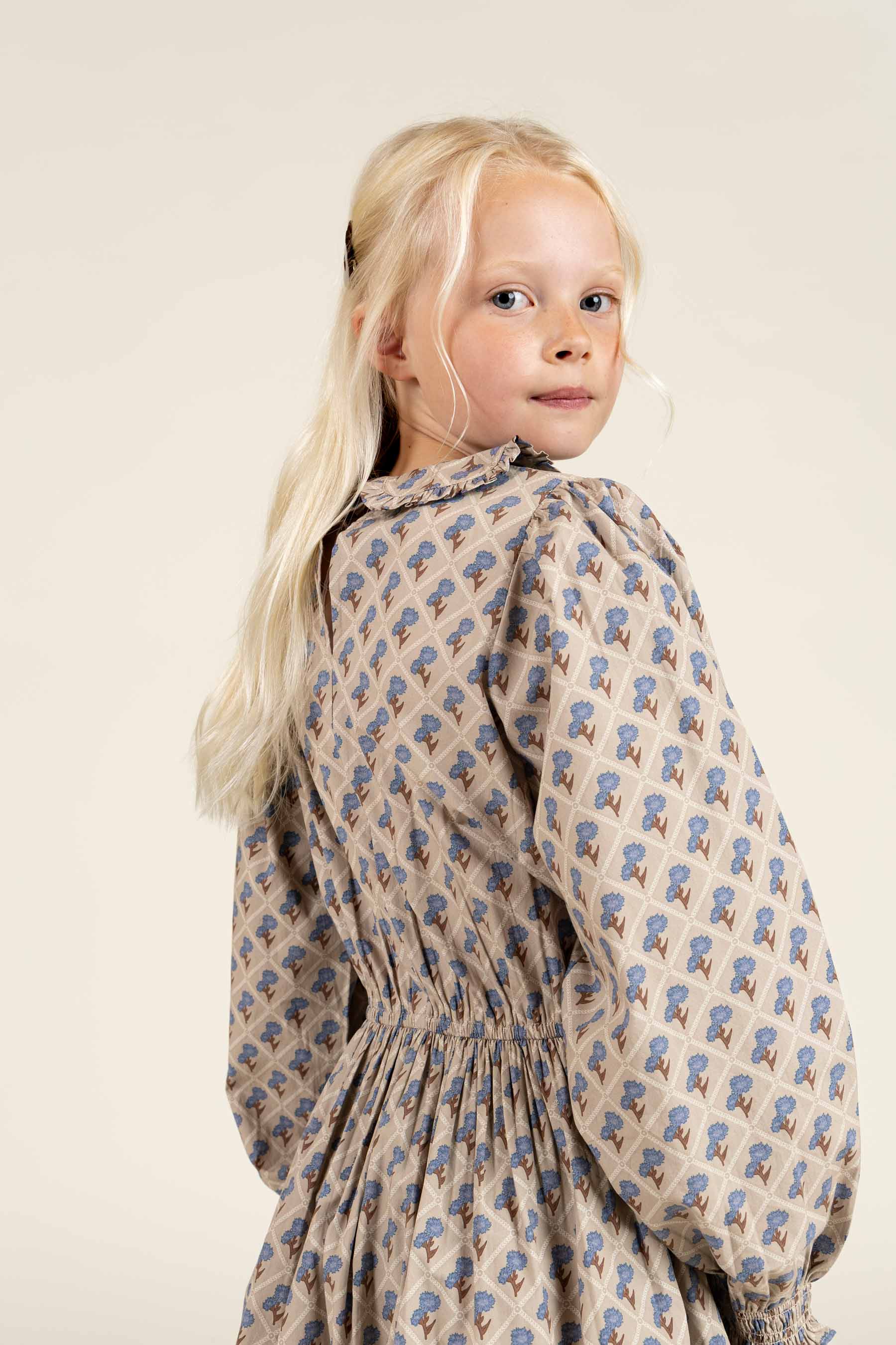 Kjole i bomulds-poplin med Print og elastik i taljen - Tween - Caffe Latte w. Blue | 100801 Amine