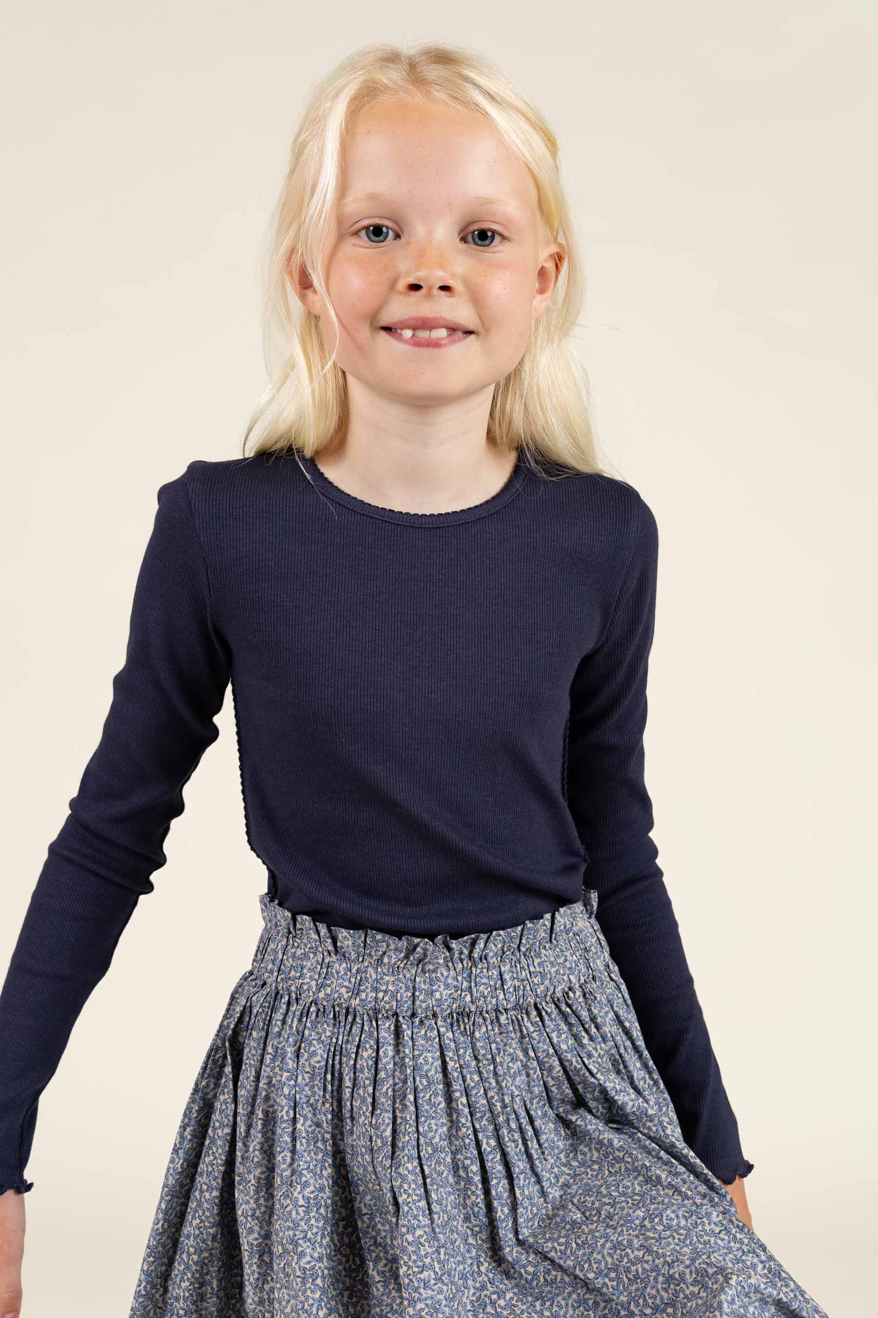 Langærmet Rib T-shirt i Modal med picot-kant - Tween - Navy | 100581 Mia