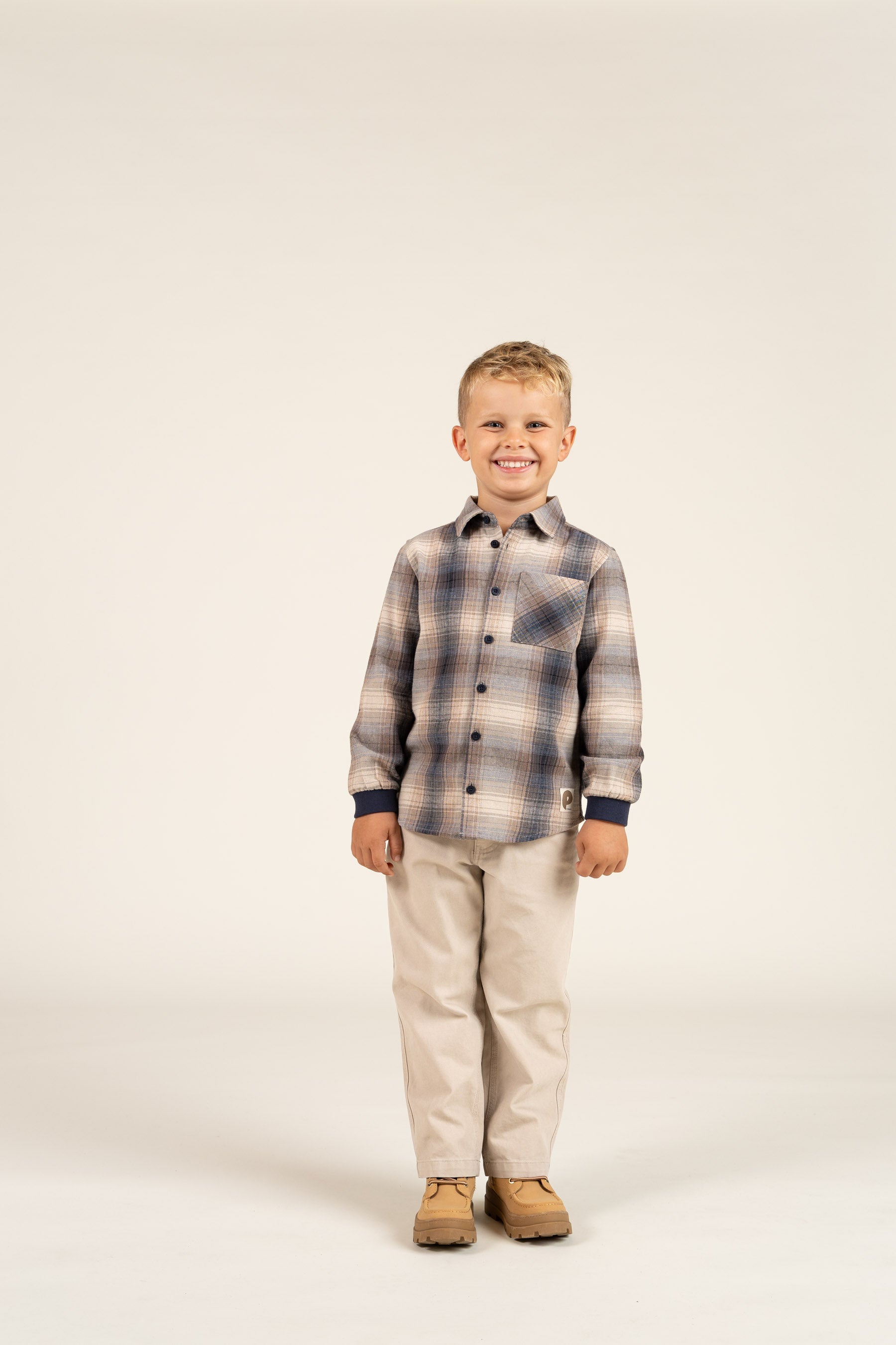 Ternet flannelskjorte med rib manchet - Kids - Brown Navy Check | 100529 Henry