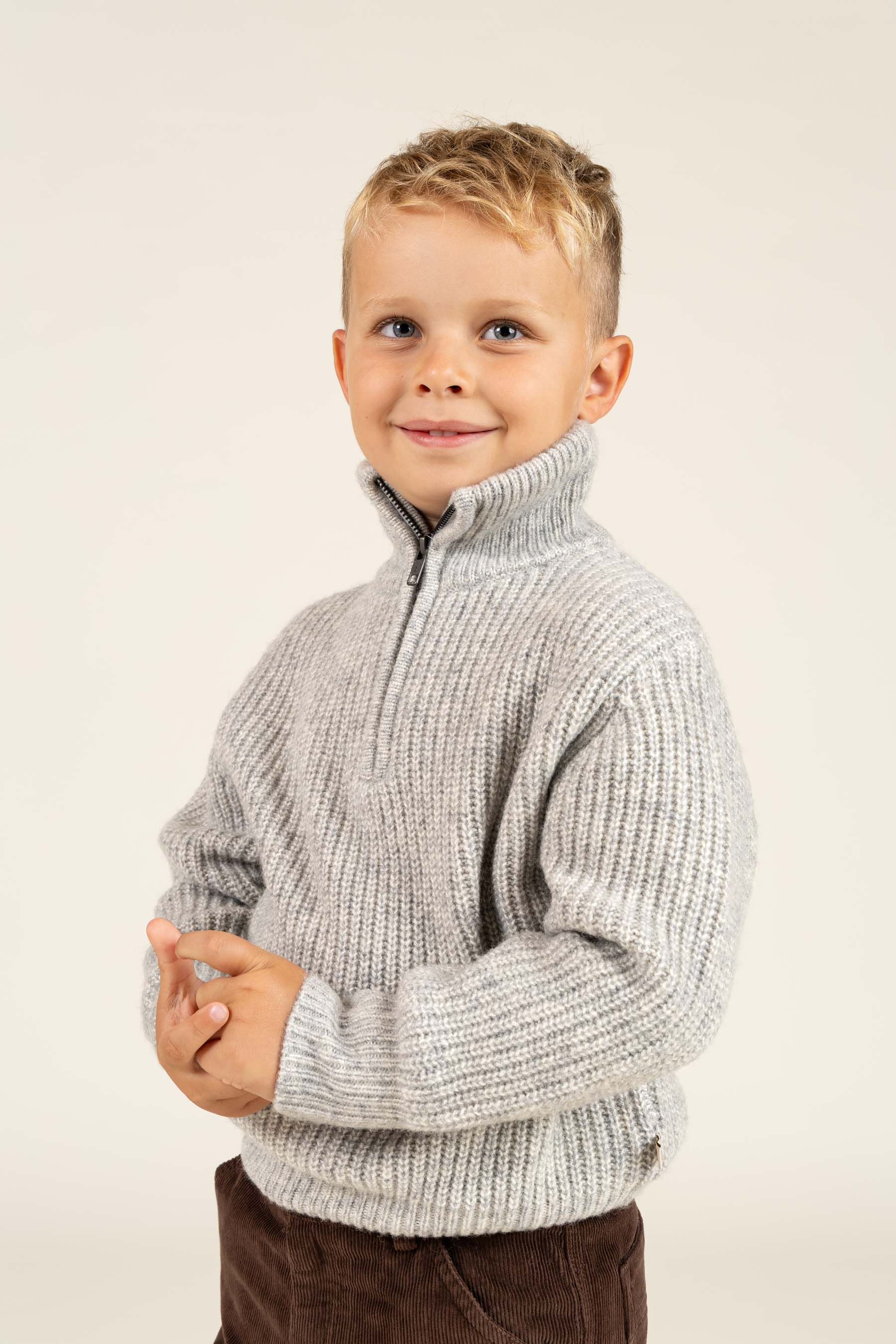 Sweater i Uldmix med kort lynlås - Kids - Grey Melange | 100752 Adam