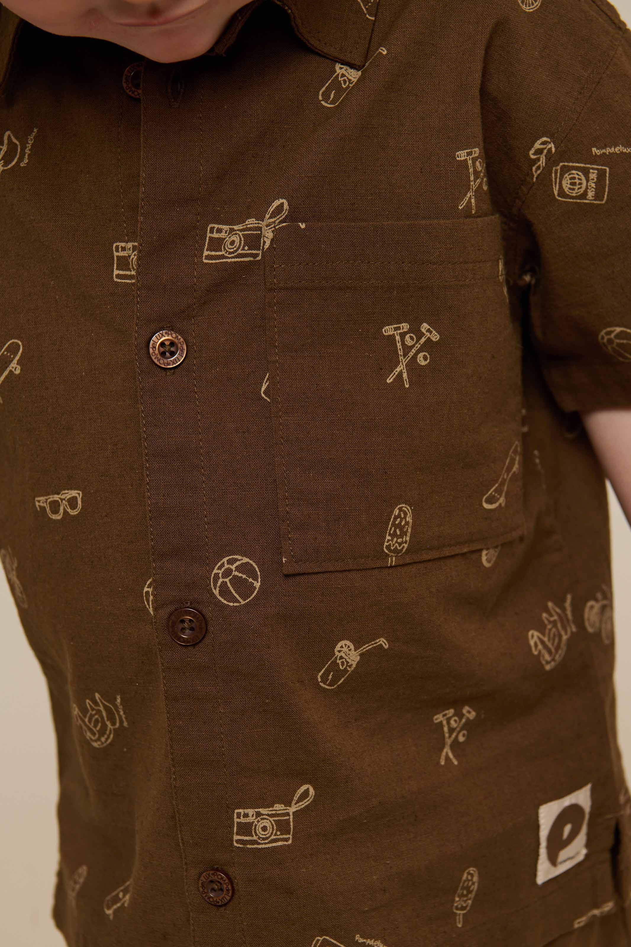 Printet skjorte i hørmix - Kids - Dark Brown | 101167 William