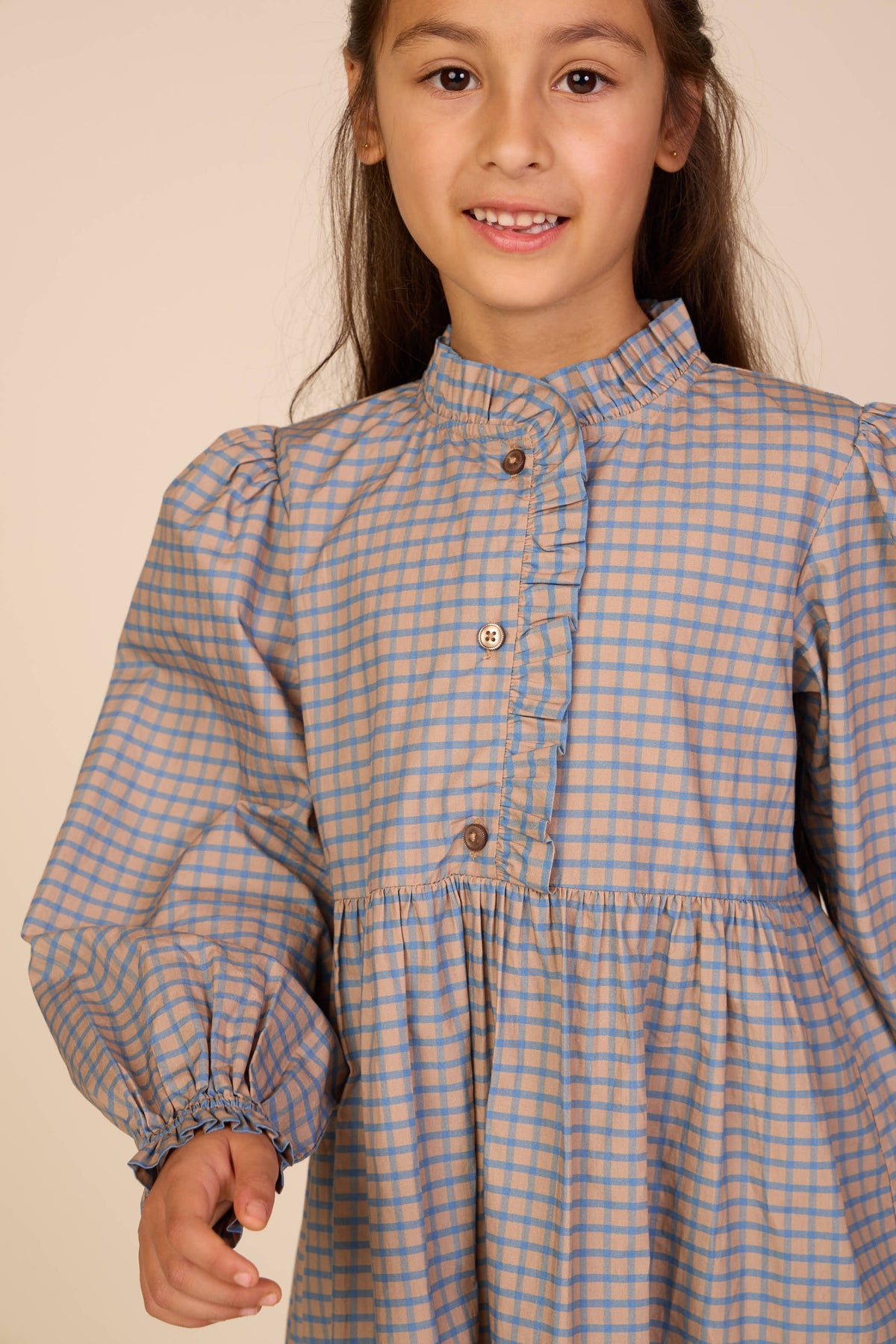 Poplin-kjole med stolpelukning Tween - Blue Check | 101438 Julia