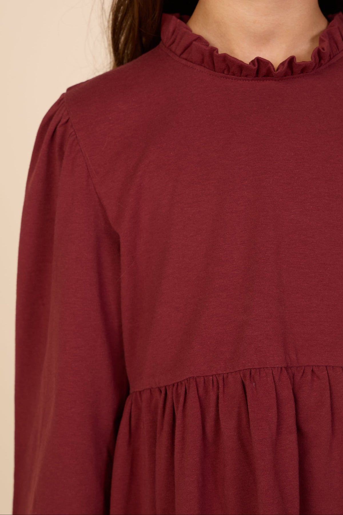Ensfarvet jerseybluse med peplum Kids - Bordeaux | 101547 Heidi
