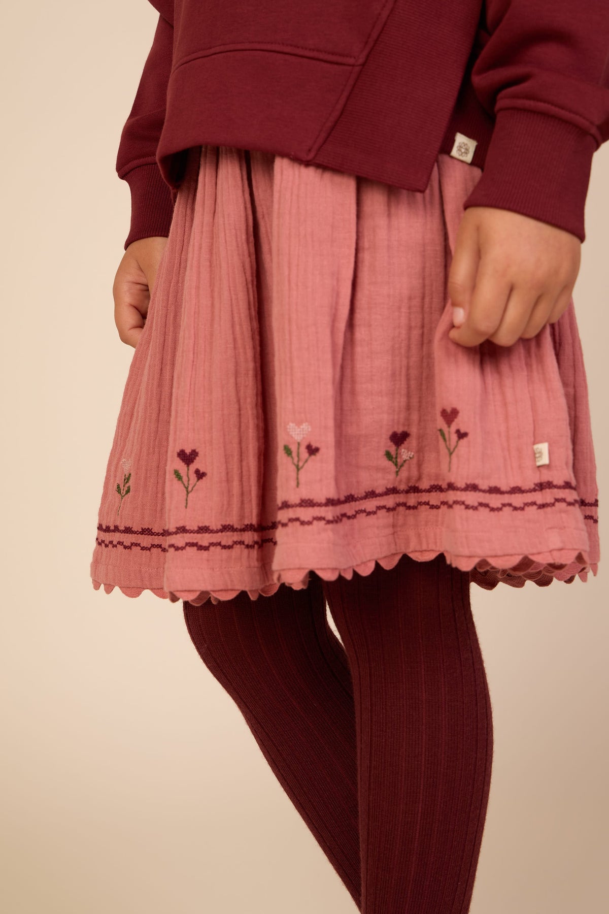 Double gauze-nederdel med korsstingsbroderi Tween - Dusty Rose | 101470 Laureen