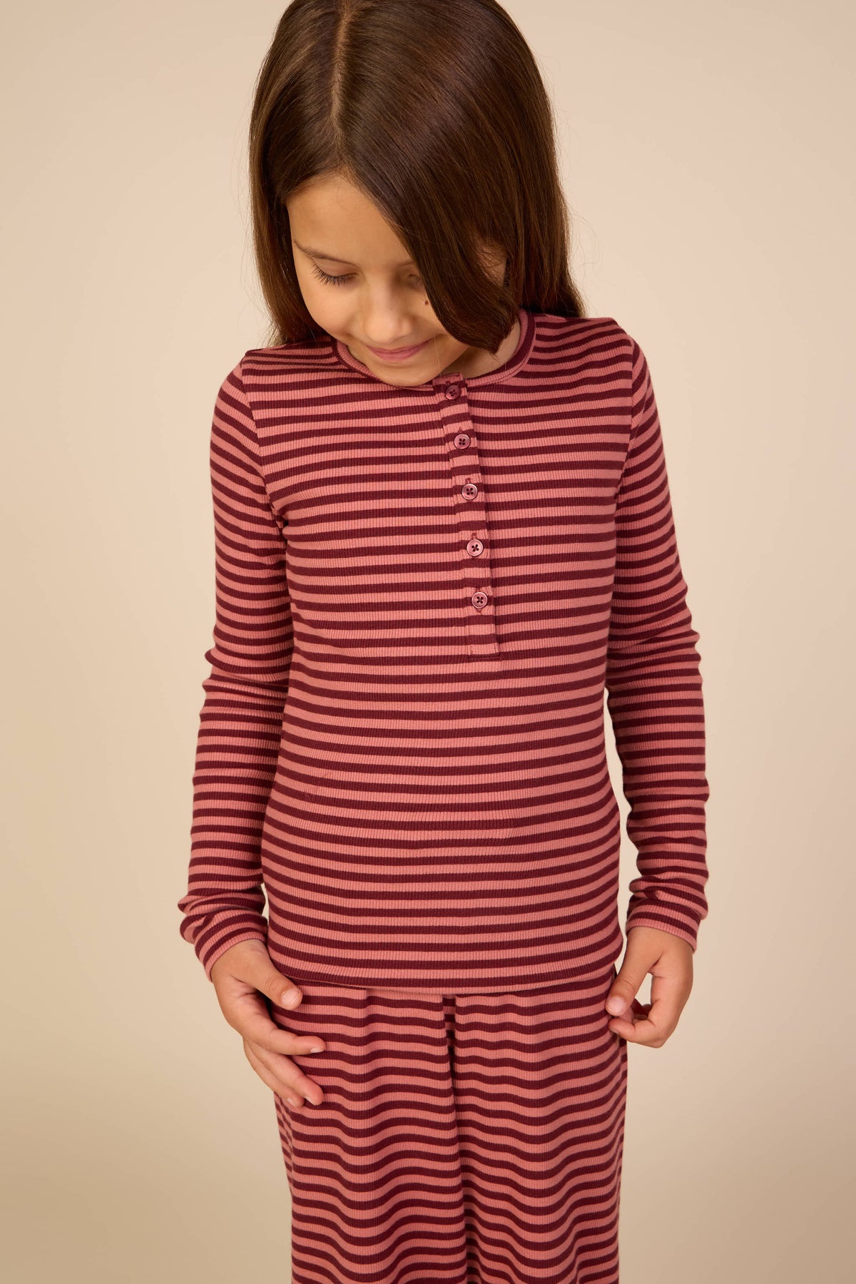 Stribet langærmet T-shirt i rib Tween - Dusty Rose/Bordeaux | 101617 Gloria