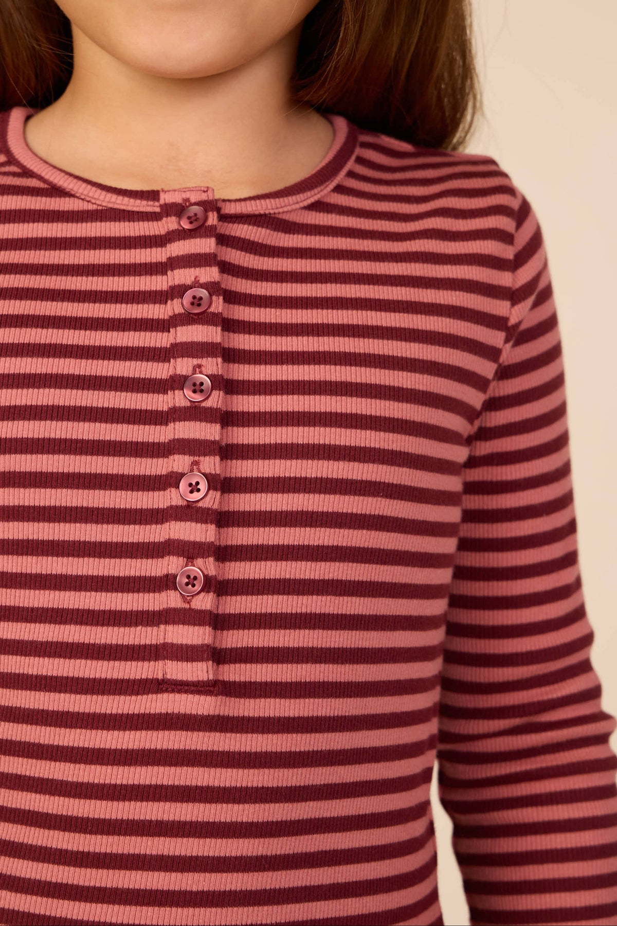 Stribet langærmet T-shirt i rib Kids - Dusty Rose/Bordeaux | 101616 Gloria