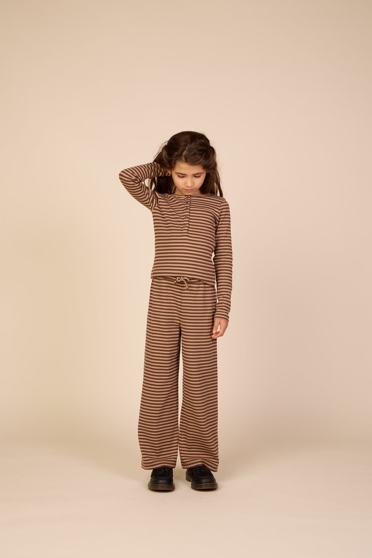 Stribet langærmet T-shirt i rib Tween - Brown/Light Brown | 101615 Gloria