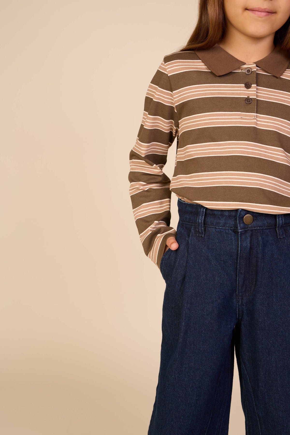 Stribet langærmet jerseypolo Tween - Brown | 101696 Hope