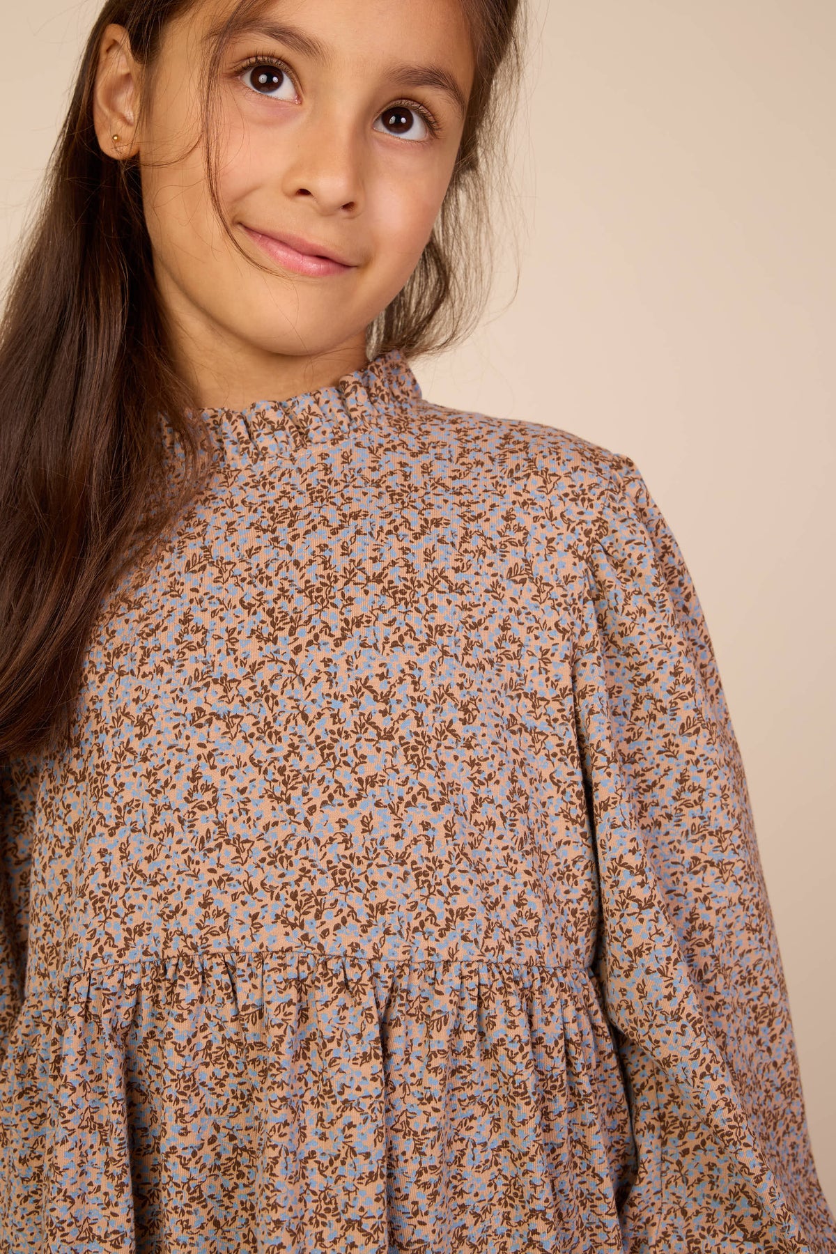 Småblomstret jerseybluse med peplum Tween - Blue/Brown | 101542 Heidi