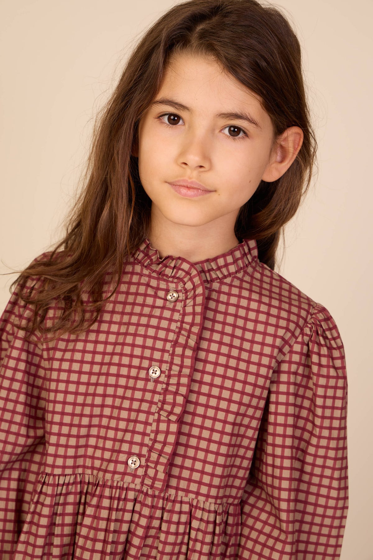 Poplin-kjole med stolpelukning Tween - Bordeaux Check | 101437 Julia