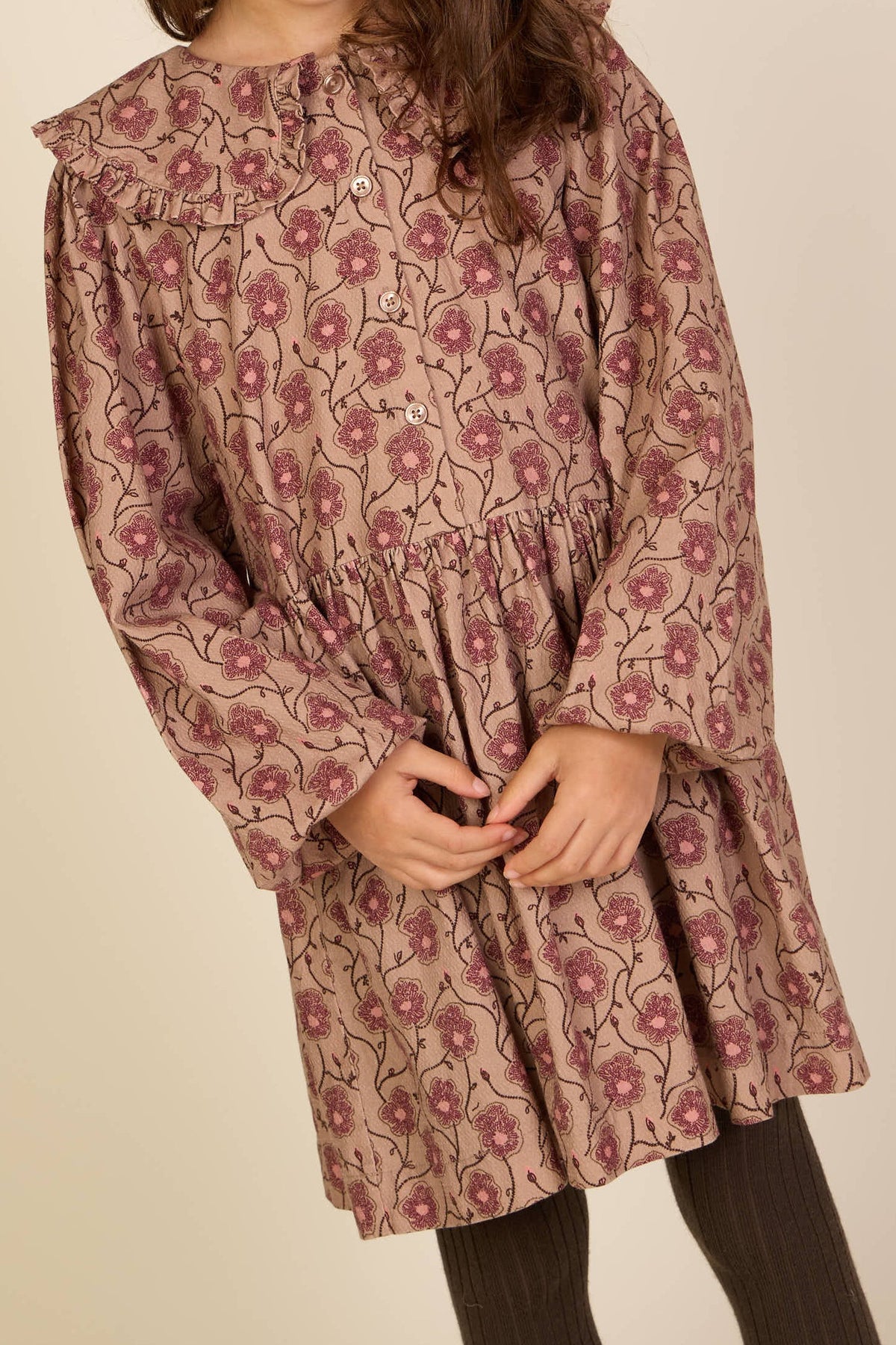 Blomstret bomuldskjole med flæsekrave Kids - Rose/Bordeaux | 101425 Nova