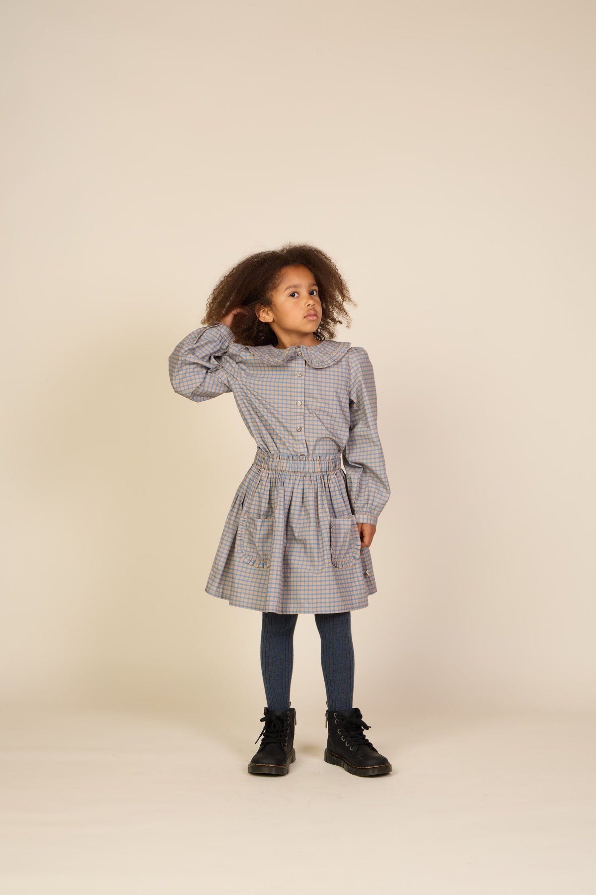 Poplin-nederdel med flæselommer Tween - Blue Check | 101446 Julia