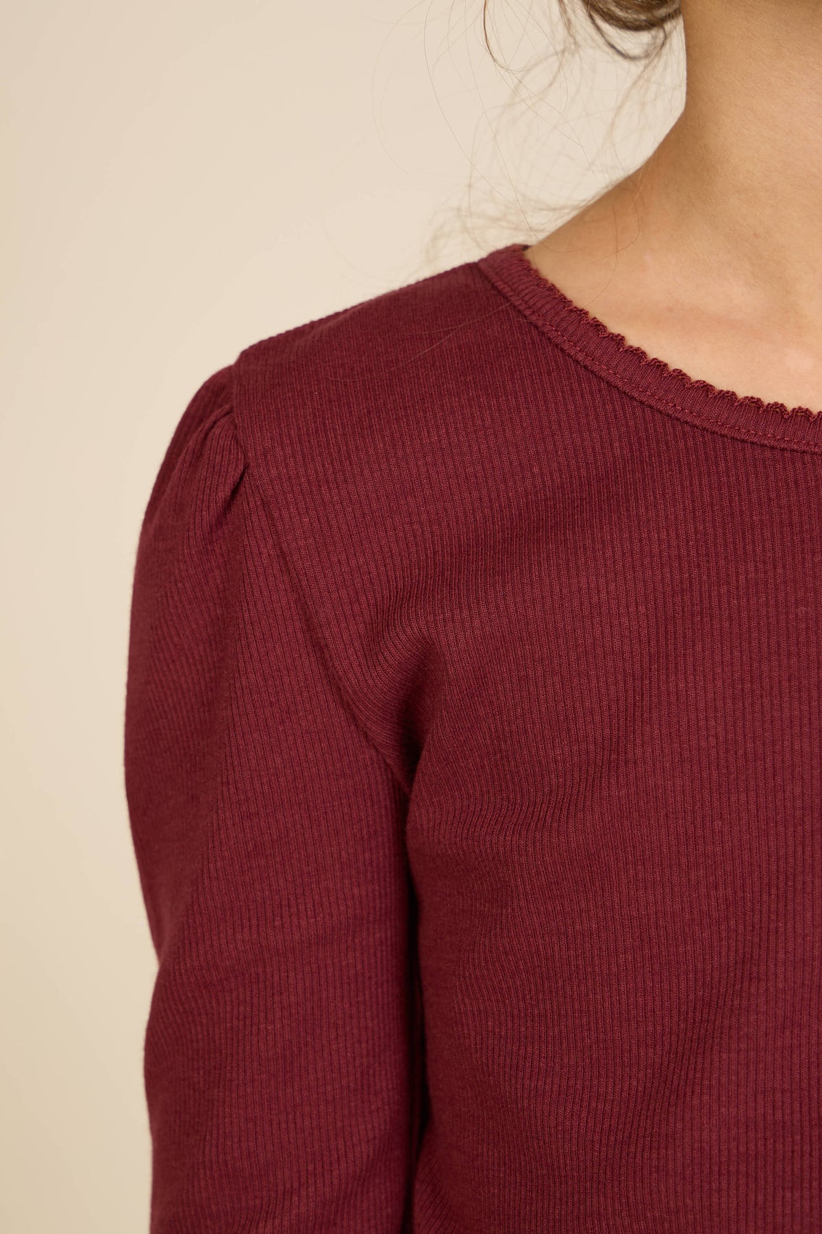 Ribbet langærmet T-shirt i modalblanding Tween - Bordeaux | 101562 Lottie