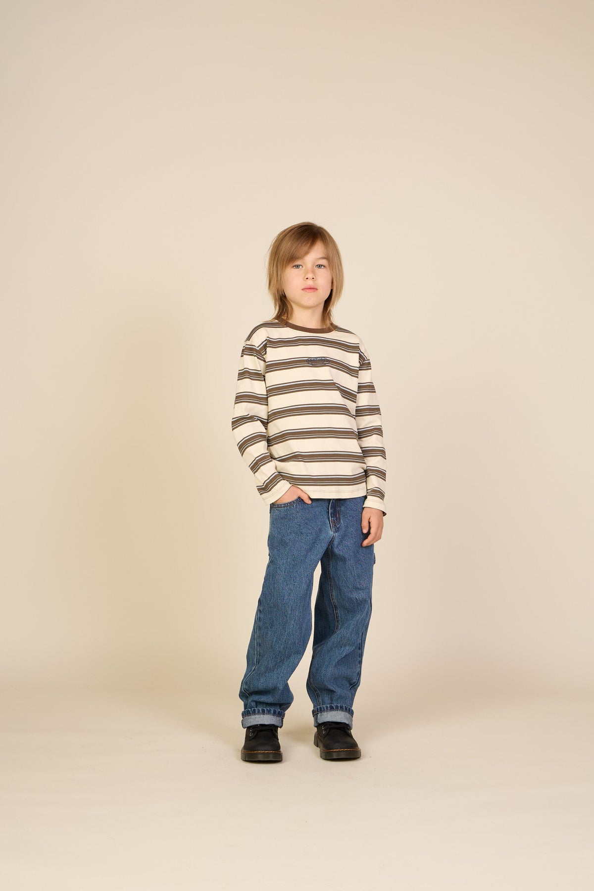 Stribet langærmet T-shirt Tween - Offwhite/Brown | 101702 Hugo