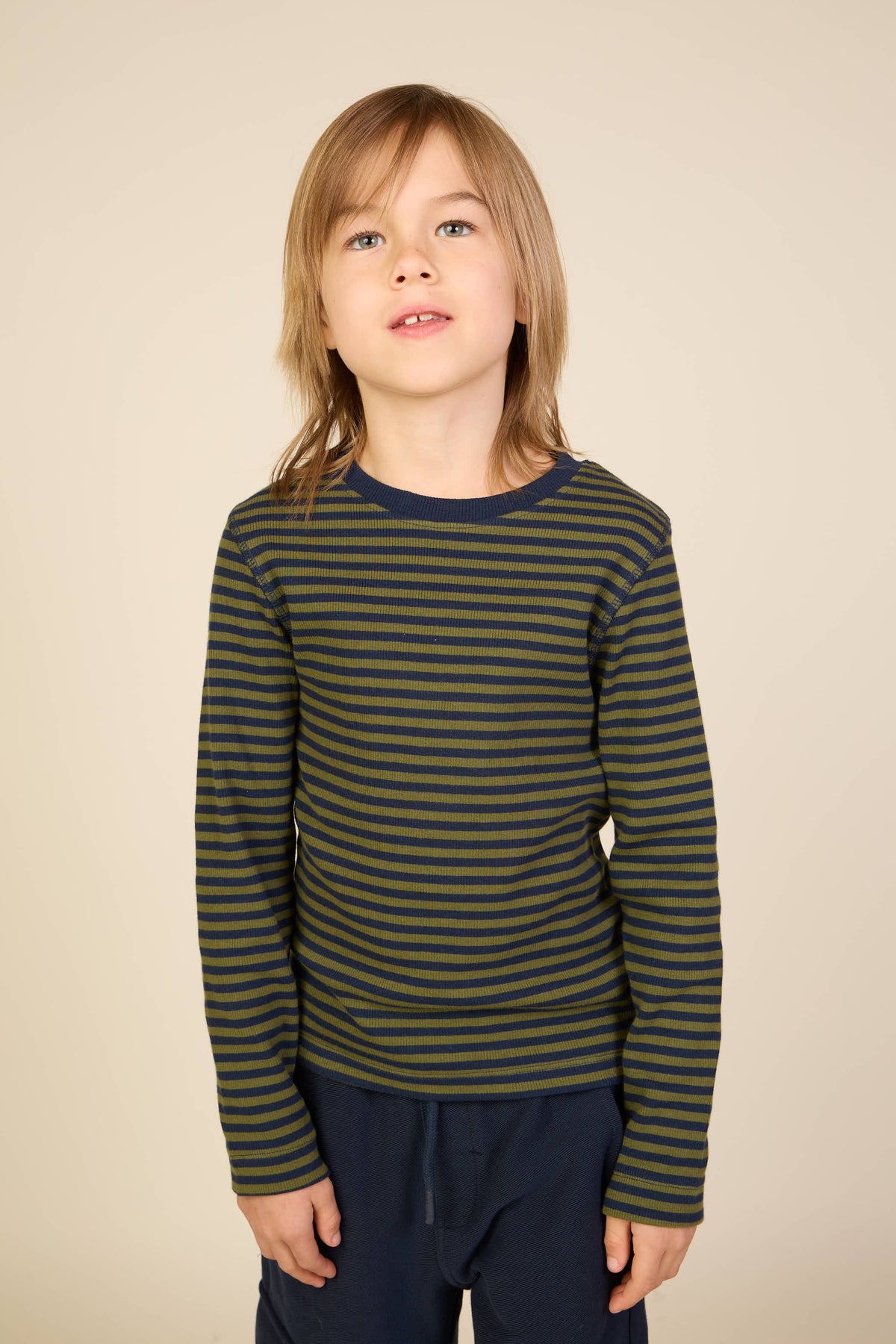 Ribbet langærmet T-shirt Tween - Moss Green/Navy Stripe | 101602 Conrad