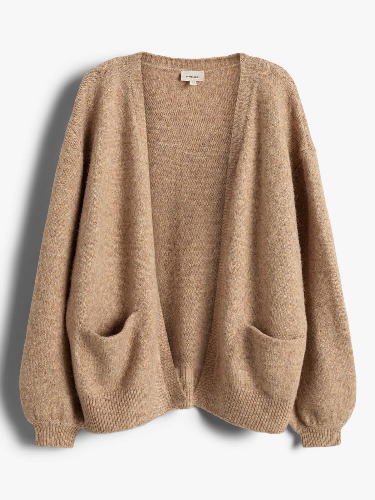 Fyzzy Strikket lang cardigan  - Tweens - Dark Beige Melange