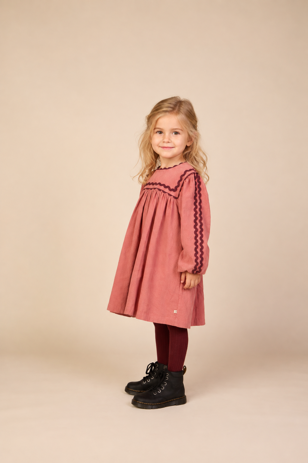 Fløjlskjole med zig-zag bånd Kids - Dusty Rose | 101475 Sille