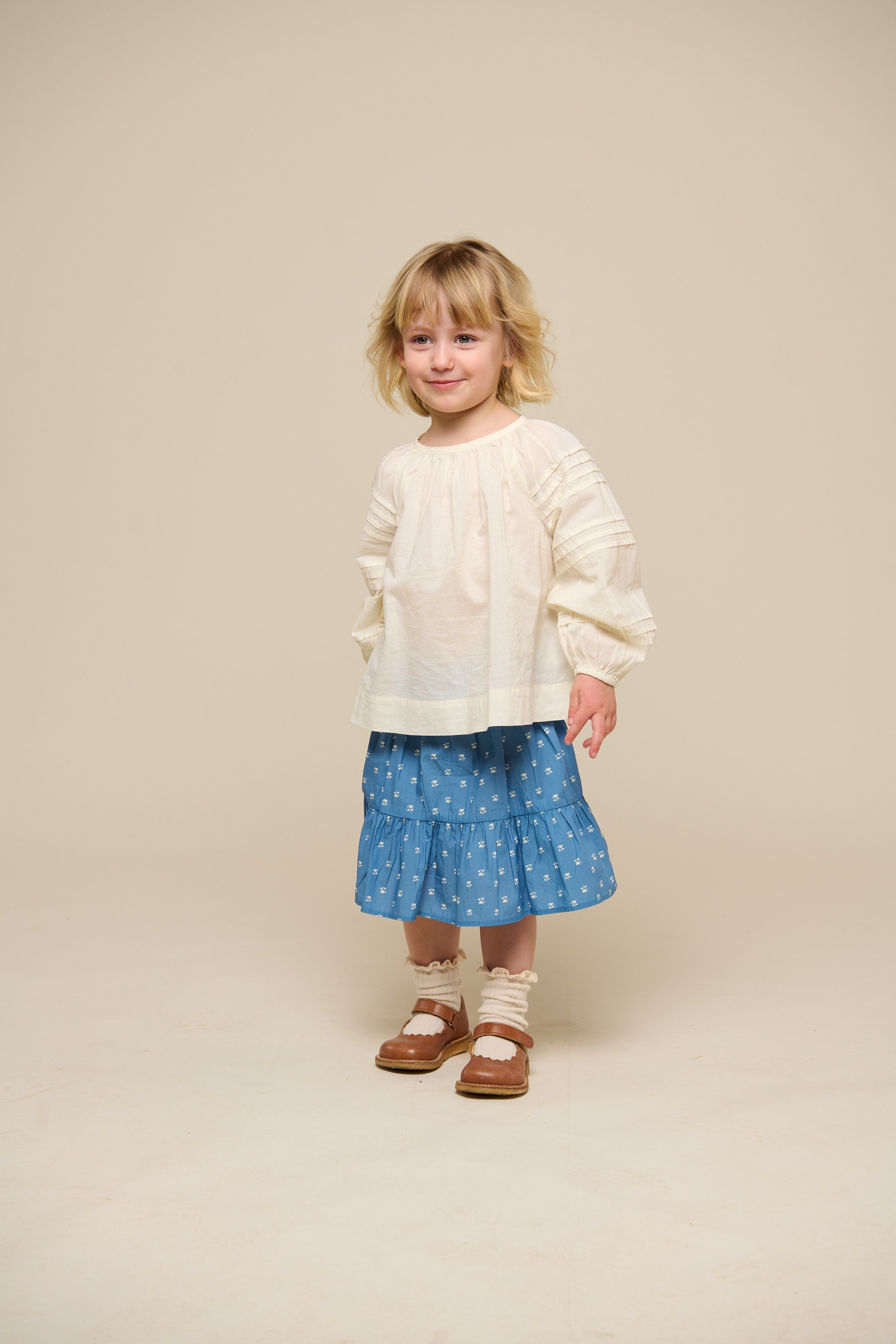 Nederdel i printet poplin - Kids - Dusty Blue | 101054 Camilla