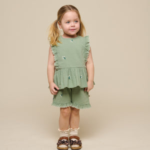 Broderede seersucker shorts - Kids - Dusty Green | 100984 Nora