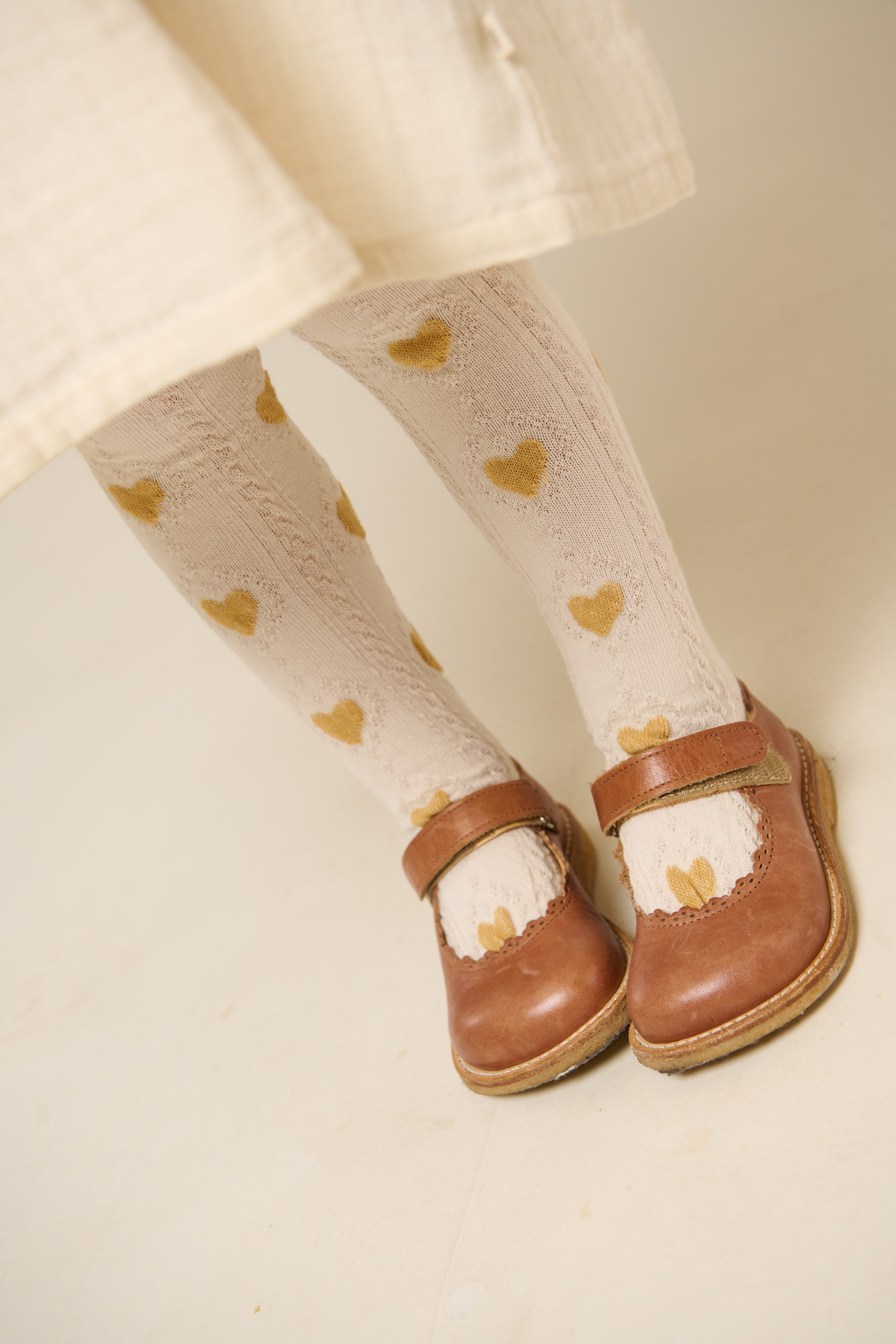 MP Strømpebukser med hjerter - Kids - Offwhite/Yellow | 101376 MP Alvilda tights