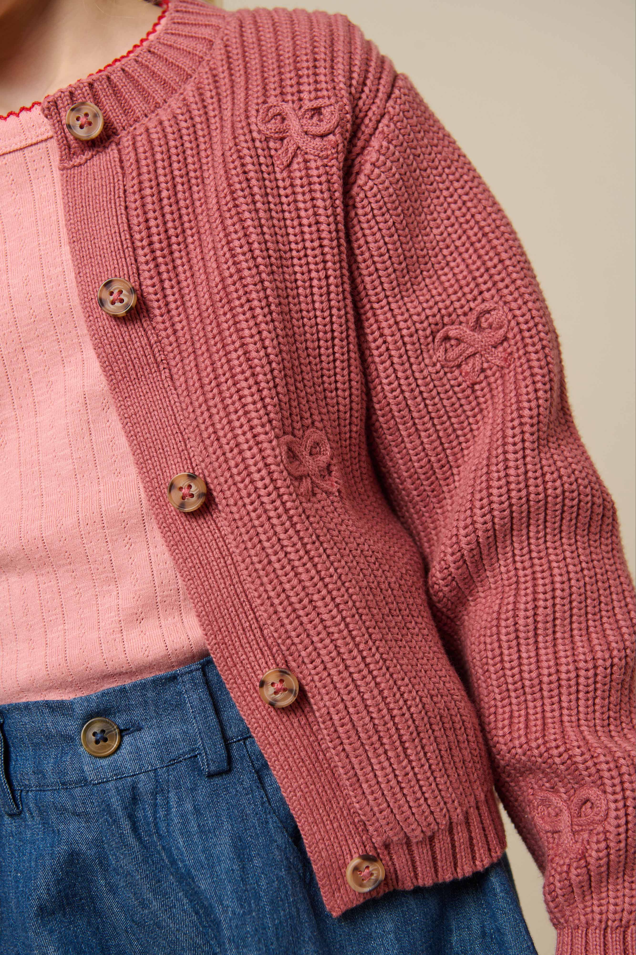 Cardigan i bomuldsstrik med sløjfer - Tween - Old Rose | 100793 Freya